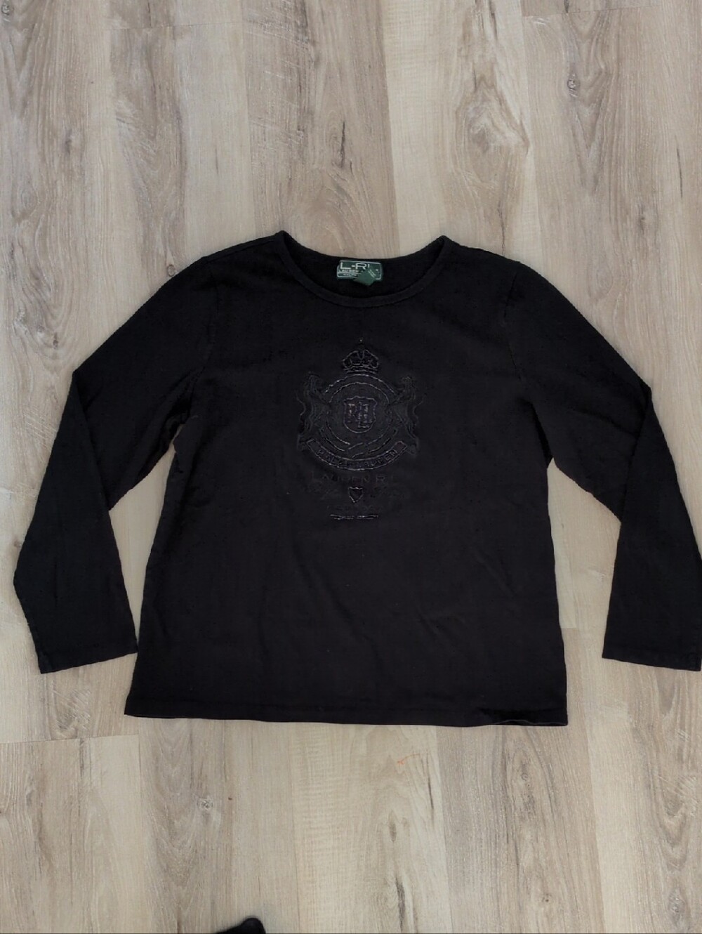 Ralph Lauren Black Long-Sleeve Beaded Crest Logo Tee